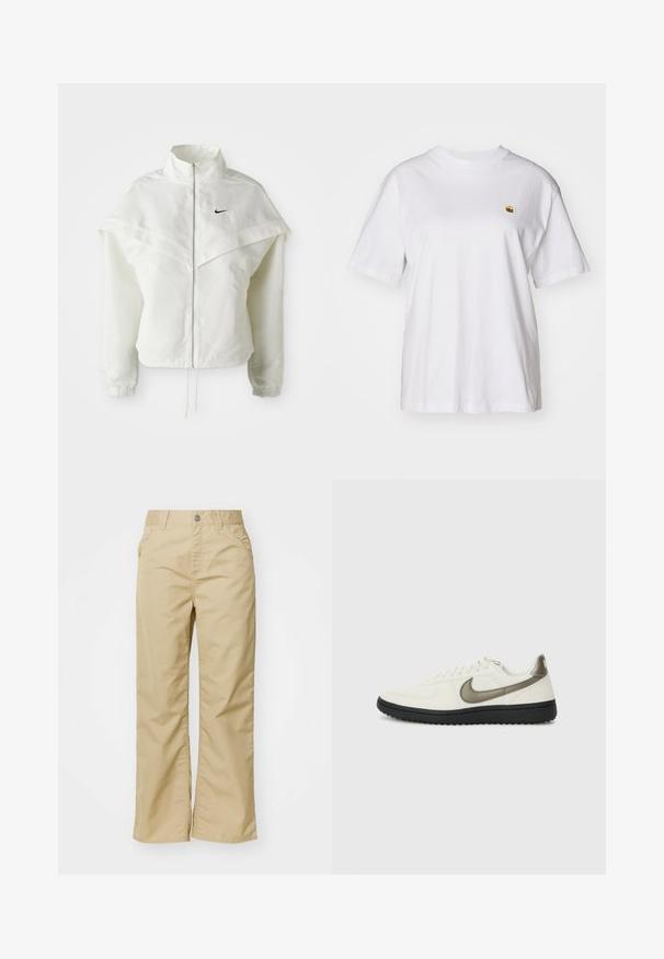 Bjela jakna dugih rukava s patentnim zatvaračem i visokim ovratnikom, s kapastim detaljima preko ramena, elastičnim manžetama i malim crnim Nike logom na prsima.; Bijela pamučna majica s opuštenim krojem, kratkim rukavima i malim izvezenim logom na lijevoj strani prsnog dela.; Bež pamuk hlače širokih nogavica s glatkom teksturom, koje imaju prednje džepove i srebrni gumb na struku.; Nike Sportswear FIELD GENERAL - Tenisice - off-white/black