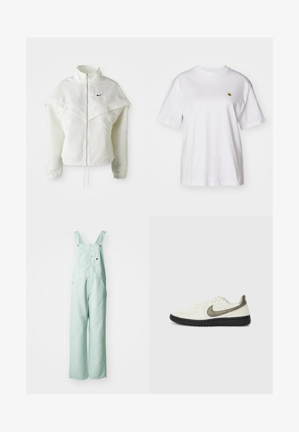 Weiße langärmlige Zip-Jacke mit hohem Kragen, cape-artigem Detail über den Schultern, elastischen Bündchen und kleinem schwarzen Nike-Logo auf der Brust.; Weißes Baumwoll-T-Shirt mit lockerem Schnitt, kurzen Ärmeln und einem kleinen gestickten Logo auf der linken Brustseite.; Helle mintgrüne Latzhose aus robustem Stoff, mit verstellbaren Trägern, einer Brusttasche und zwei Seitentaschen.; Nike Sportswear FIELD GENERAL - Sneaker low - off-white/black