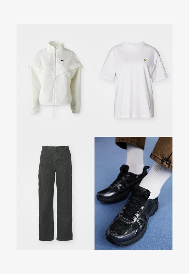 White long-sleeve zip-up jacket with high collar, cape-like detail across shoulders, elastic cuffs, and small black Nike logo on chest.; White cotton t-shirt with a relaxed fit, short sleeves, and a small embroidered logo on the left chest area.; Dark green cargo pants featuring a subtle leopard print pattern, straight leg design, button closure, and side pockets.; Black Nike sports shoes feature a mesh upper with shiny accents, black laces, and a textured sole. Paired with white ribbed socks.