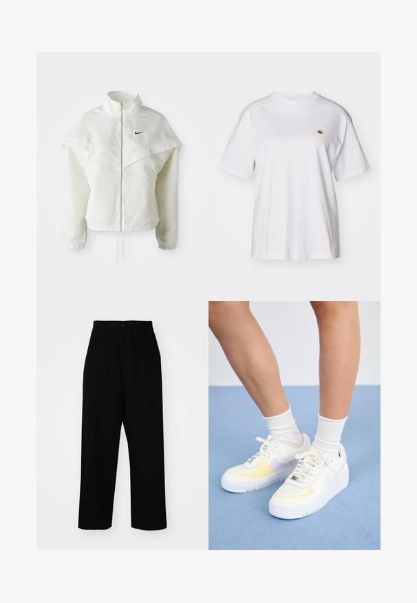 Veste zippée à manches longues blanche avec col haut, détail de type cape sur les épaules, poignets élastiques et petit logo Nike noir sur la poitrine.; T-shirt en coton blanc avec une coupe décontractée, des manches courtes et un petit logo brodé sur la poitrine gauche.; Pantalons noirs en tissu coton robuste. Présentent un design à jambe droite, des passants de ceinture, une fermeture à bouton et un ourlet propre.; Baskets en cuir blanc avec des accents jaunes et lavande, bout rond, lacets plats et semelle en caoutchouc texturée. Portées avec des chaussettes blanches.