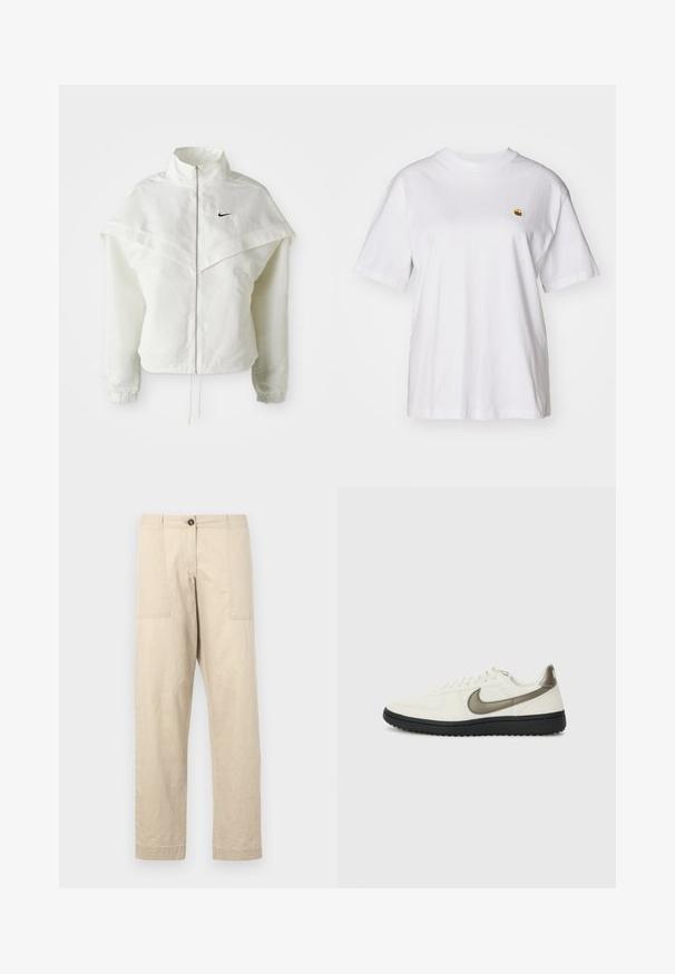 Witte lange mouwen zip-up jas met hoge kraag, cape-achtige details over de schouders, elastische manchetten en een klein zwart Nike-logo op de borst.; Witte katoenen t-shirt met een relaxte pasvorm, korte mouwen en een klein geborduurd logo op de linkerborst.; Beige katoenen broeken met een rechte snit, voorzien van zijzakken, een knoopsluiting en omgeslagen zoom. Gladde textuur en minimaal ontwerp.; Nike Sportswear FIELD GENERAL - Sneakers laag - off-white/black