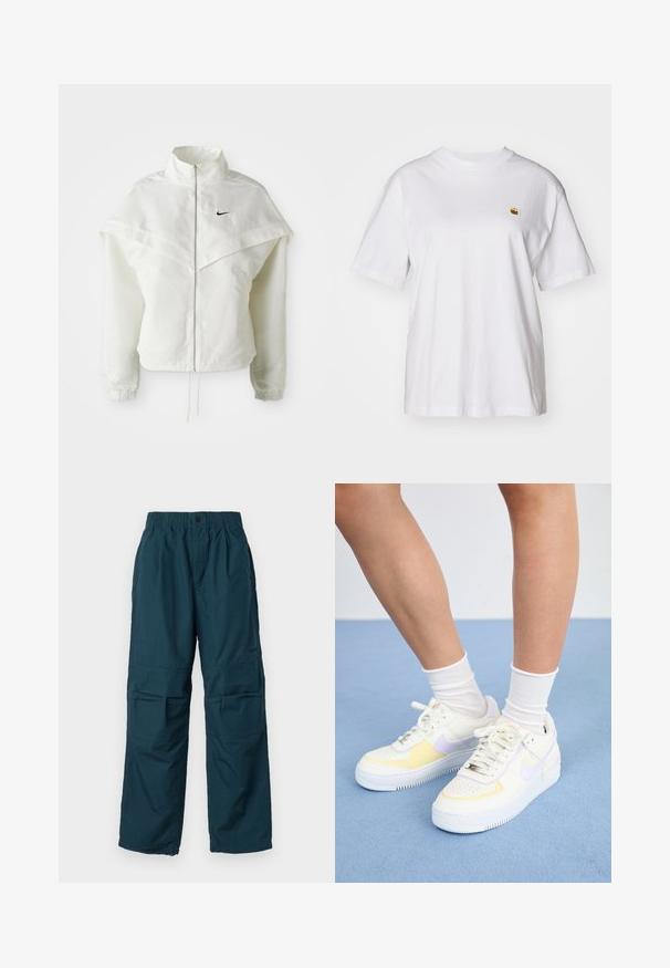 Jaqueta branca de mangas longas com fecho éclair e gola alta, detalhe tipo capa nos ombros, punhos elásticos e pequeno logótipo preto da Nike no peito.; T-shirt branca de algodão com um corte descontraído, mangas curtas e um pequeno logótipo bordado na área do peito esquerdo.; Calças cargo verde-água com cintura elástica, dois bolsos laterais e corte solto. Feitas de material leve, com detalhes de costura.; Sneakers de couro branco com detalhes em amarelo e lavanda, bico arredondado, cadarços planos e sola de borracha texturizada. Usados com meias brancas.