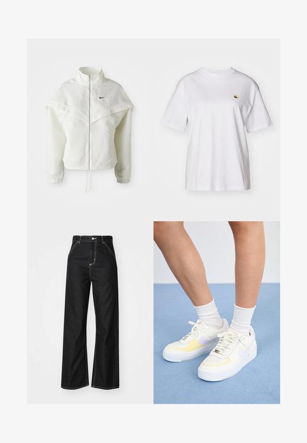 Valge pikkade varrukatega tõmblukuga jakk kõrge kraega, kätetooted, mis meenutavad katet õlgadel, elastsete mansettidega ja väikese musta Nike logoga rinnal.; Valge puuvillane T-särk, millel on lõdva lõikega, lühikesed varrukad ja väike broderi logo vasakul rinnakarpi.; Mustad denim laiad säärised püksid, millel on kontrastsed valged õmblused, kõrge vöökoht, viie tasku disain ja käepidemega sulgemine.; Valged nahast tossud kollaste ja lavendlitoonide aktsentidega, ümar varvas, tasased paelad ja tekstureeritud kummist tald. Kannab valgeid sokke.