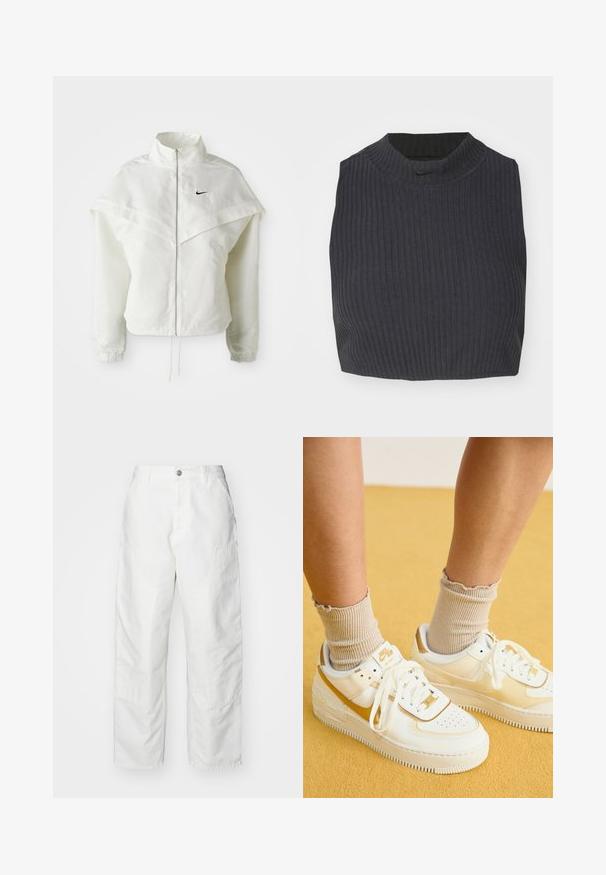 Jaqueta branca de mangas longas com fecho éclair e gola alta, detalhe tipo capa nos ombros, punhos elásticos e pequeno logótipo preto da Nike no peito.; Top cropped com textura em azul escuro, apresentando um decote alto e um discreto logo da Nike. O tecido tem uma aparência texturizada e elástica.; Calças cargo brancas feitas de denim, com um corte descontraído, bolsos laterais e detalhes de costura visíveis. Frente simples com fecho de botão.; Nike Sportswear AIR FORCE 1 SHADOW - Sapatilhas - sail/metallic gold/coconut milk