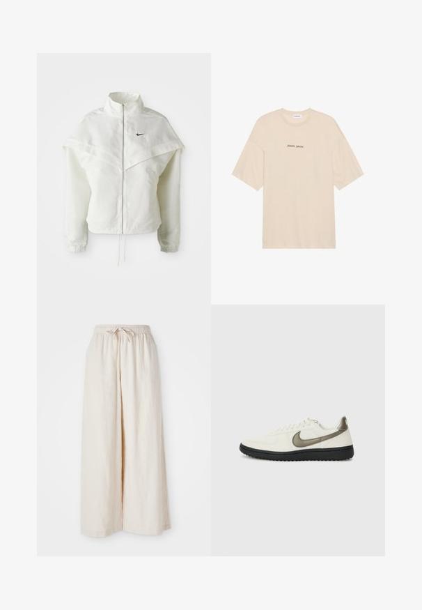 Hvit langermet jakke med glidelås og høy krage, kappe-lignende detaljer over skuldrene, elastiske mansjetter, og liten svart Nike-logo på brystet.; Beige bomulls t-skjorte med avslappet passform, med korte ermer og rund halslinning. "Positive Sincere" trykket i svart på forsiden.; Bredde ben, kremfargede bukser med elastisk midje og snor. Glatt, lett lin-stoff, uten synlige mønstre eller hardware.; Nike Sportswear FIELD GENERAL - Joggesko - off-white/black