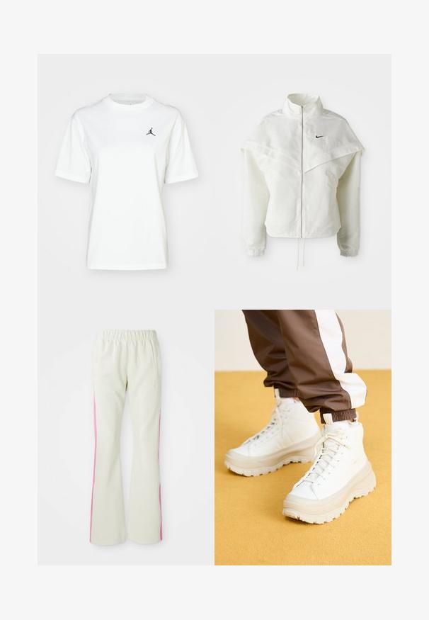 Jaqueta branca de mangas longas com fecho éclair e gola alta, detalhe tipo capa nos ombros, punhos elásticos e pequeno logótipo preto da Nike no peito.; T-shirt branca de algodão com mangas curtas, decote redondo e um pequeno logo preto da Jordan na parte superior esquerda do peito.; Calças bege claras com uma cintura elástica, apresentando painéis laterais cor-de-rosa e bolsos laterais. Textura suave com um design de perna reta.; Ténis brancos de cano alto com uma sola grossa e texturizada, apresentando um cabedal liso, bico redondo e atacadores tonalizados, sobre um fundo amarelo.