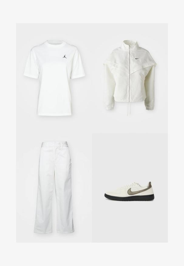 Jaqueta branca de mangas longas com fecho éclair e gola alta, detalhe tipo capa nos ombros, punhos elásticos e pequeno logótipo preto da Nike no peito.; T-shirt branca de algodão com mangas curtas, decote redondo e um pequeno logo preto da Jordan na parte superior esquerda do peito.; Calças largas brancas feitas de algodão, com uma textura suave, corte reto, bolsos frontais e bainha limpa.; Nike Sportswear FIELD GENERAL - Sapatilhas - off-white/black