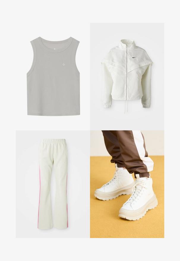 Witte lange mouwen zip-up jas met hoge kraag, cape-achtige details over de schouders, elastische manchetten en een klein zwart Nike-logo op de borst.; Lichtgrijze mouwloze tanktop van geribd materiaal; heeft een ronde halslijn en een klein wit logo op de voorkant. Eenvoudig ontwerp.; Lichtbeige broek met een elastische tailleband, voorzien van roze zijpanelen en zijzakken. Gladde textuur met een recht gesneden pasvorm.; Witte hoge sneakers met een chunky, gestructureerde zool, voorzien van een gladde bovenkant, ronde neus en tonale veters, tegen een gele achtergrond.
