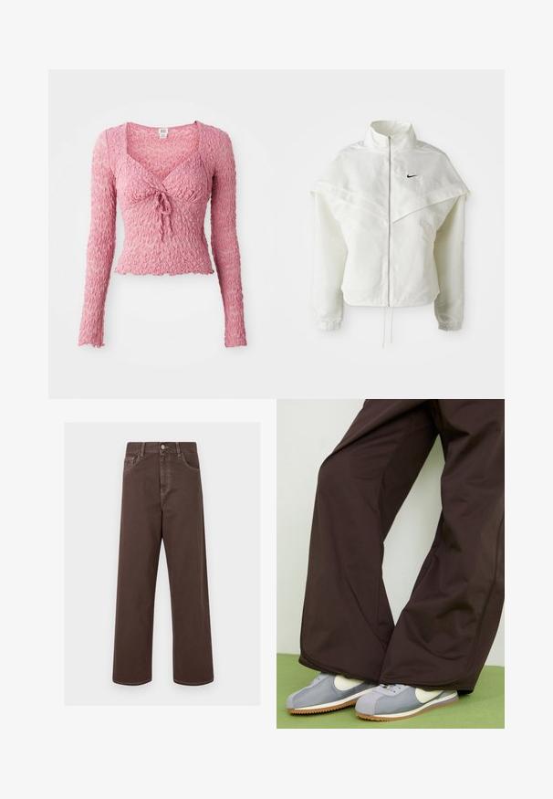 Giacca bianca a maniche lunghe con zip e colletto alto, dettaglio a mantella sulle spalle, polsini elasticizzati e piccolo logo Nike nero sul petto.; Top lungo a maniche lunghe di colore rosa, con scollatura a V, caratterizzato da un dettaglio con fiocco frontale e un design di tessuto arricciato. Leggero e aderente.; Pantaloni in denim marrone a gamba larga con cuciture a contrasto, cinque tasche e chiusura con bottone metallico. Texture liscia, taglio dritto.; Pantaloni ampi marroni con una trama liscia e dettagli delle cuciture laterali, abbinati a sneaker in stile retrò grigie e bianche con suola in gomma.