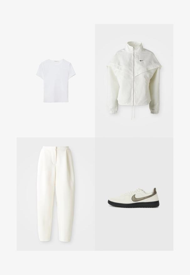 Hvid langærmet zip-up jakke med høj krave, kappe-lignende detaljer over skuldrene, elastiske manchetter og lille sort Nike-logo på brystet.; Hvid kortærmet t-shirt lavet af blødt stof. Har en rund halsudskæring og et simpelt, rent design med en lige underkant.; Højtaljede tapered hvide bukser med skjult frontlukning og sidelommer, vist på en ensfarvet hvid baggrund.; Nike Sportswear FIELD GENERAL - Sneakers - off-white/black
