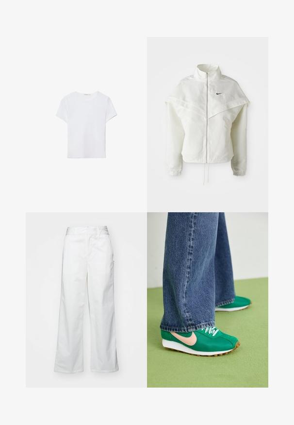 Hvid langærmet zip-up jakke med høj krave, kappe-lignende detaljer over skuldrene, elastiske manchetter og lille sort Nike-logo på brystet.; Hvid kortærmet t-shirt lavet af blødt stof. Har en rund halsudskæring og et simpelt, rent design med en lige underkant.; Hvide brede bukser lavet af bomuld, med en glat overflade, lige pasform, forlommer og en ren kant.; Grønne atletiske sko med pink swoosh, snørebånd-design, tekstureret stof og hvide gummisåler. Kombineret med brede blå denimbukser.