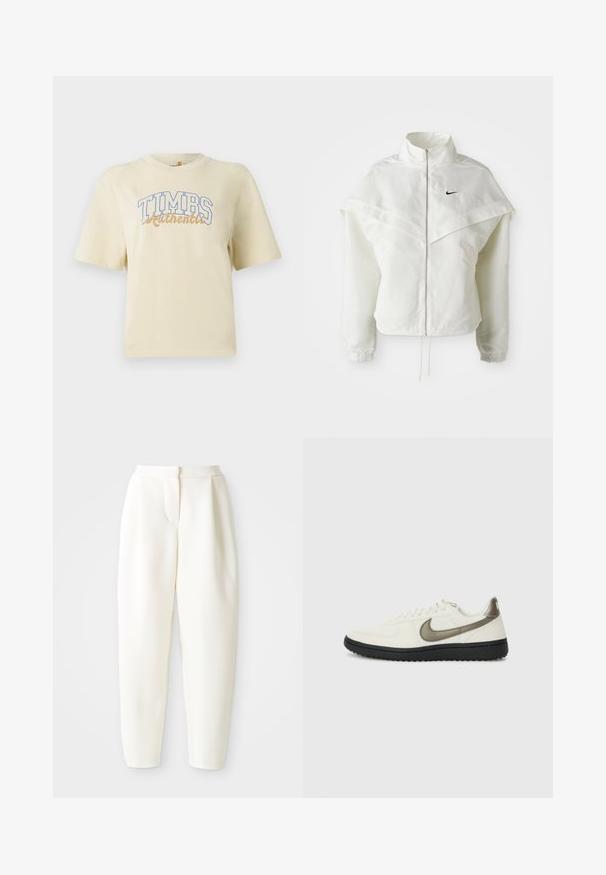 Jachetă albă cu mâneci lungi, cu fermoar, guler înalt, detalii asemănătoare unei capele pe umeri, manșete elastice și un mic logo Nike negru pe piept.; Tricou scurt cu mânecă, de culoare crem, cu inscripția "TIMBS Authentic" în litere albastre și aurii. Fabricat din bumbac moale, cu o croială lejeră.; Pantaloni albi, cu talie înaltă și croială conică, având închidere frontală ascunsă și buzunare laterale, expuși pe un fundal alb simplu.; Nike Sportswear FIELD GENERAL - Sneakers low - off-white/black