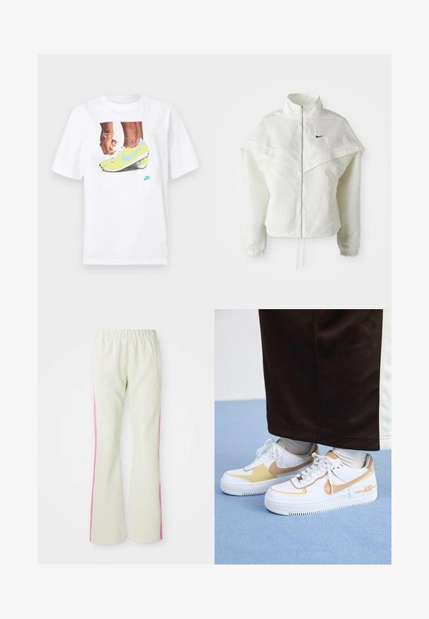 Valkoinen pitkähihainen vetoketjullinen takki korkealla kauluksella, viittamainen yksityiskohta olkapäillä, joustavat hihansuut ja pieni musta Nike-logo rinnassa.; Valkoinen puuvillainen t-paita, jossa on grafiikka keltaisista Nike-nilkkureista sinisillä yksityiskohdilla, yhdessä vasemman ranteen korun kanssa.; Vaaleanbeige housut, joissa on joustava vyötärö, pinkit sivupaneelit ja sivutaskut. Silkkinen tekstuuri suoran lahkeen muotoilulla.; Valkoiset nahkakengät, joissa on kultaisia yksityiskohtia. Niissä on rei'itetty kärki, litteät nauhat ja paksu kumipohja, jossa on "AIR"-logo sivussa.