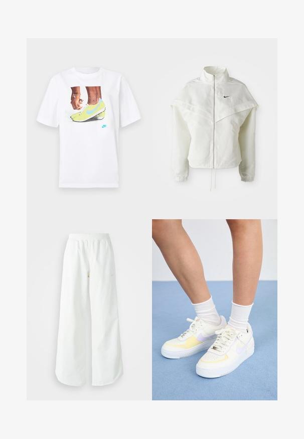 Balta ilga rankovė zip-up striukė su aukštu apykakle, švarkelio tipo detalėmis ant pečių, elastingomis rankovėmis ir mažuoju juodu Nike logotipu ant krūtinės.; Balta medvilninė marškinėlis su grafika, vaizduojančia kojas geltonose Nike sportinėse batuose su mėlynomis detalėmis, derinama su apyranke ant kairiojo riešo.; Balti sportiniai keliai su platėjančiomis kojomis, su įtemptu juosmeniu ir subtilia logotipo detale. Lygus audinys, laisvas kirpimas ir siaurėjantis apatinis kraštas.; Baltos odinės sportbačiai su geltonais ir levandų akcentais, apvaliu pirštu, plokščiomis raišteliais ir tekstūruota guma. Dėvimi su baltais kojinėmis.