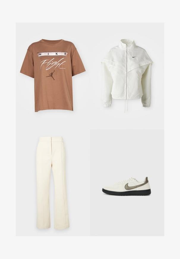 Chaqueta blanca de manga larga con cremallera y cuello alto, detalle tipo capa en los hombros, puños elásticos y pequeño logo negro de Nike en el pecho.; Jordan JORDAN FLIGHT HERITAGE - Camiseta estampada - archaeo brown; Pantalones de color crema con un diseño de pierna ancha, cinturilla elástica y costuras laterales sutiles. Presenta un pequeño logo en la parte inferior frontal.; Nike Sportswear FIELD GENERAL - Zapatillas - off-white/black