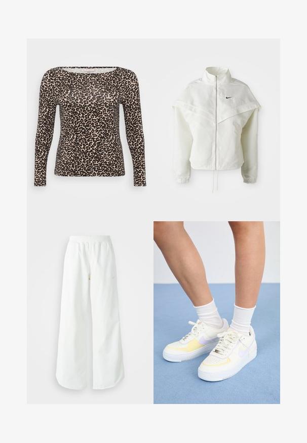 Λευκό ζακέτα με μακριά μανίκια και κλείσιμο με φερμουάρ, υψηλό γιακά, λεπτομέρεια που μοιάζει με κάπα στους ώμους, ελαστικούς μανσέτες και μικρό μαύρο λογότυπο Nike στο στήθος.; Μακρυμάνικο μπλουζάκι σε ελαφρύ ύφασμα με μπεζ βάση και μαύρο λευκό λεοπάρ σχέδιο, και φαρδύ στρογγυλό ντεκολτέ.; Λευκό αθλητικό παντελόνι σε φαρδιά γραμμή με ραμμένο ζώνη και διακριτική λεπτομέρεια λογότυπου. Απαλή υφή με άνετη εφαρμογή και στενό στρίφωμα.; Λευκά δερμάτινα αθλητικά παπούτσια με κίτρινες και λιλά λεπτομέρειες, στρογγυλή μύτη, επίπεδες κορδόνια και υφασμάτινη σόλα από καουτσούκ με υφή. Φοριούνται με λευκές κάλτσες.