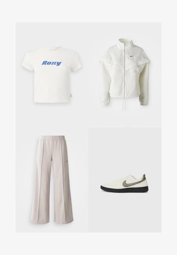White long-sleeve zip-up jacket with high collar, cape-like detail across shoulders, elastic cuffs, and small black Nike logo on chest.; White cotton t-shirt with a crew neck, featuring a large blue "Roxy" logo printed across the chest. Short sleeves, regular fit.; Light gray wide-leg pants made of smooth fabric. Features an elastic waistband and black Nike logo on the left side.; Nike Sportswear FIELD GENERAL - Trainers - off-white/black