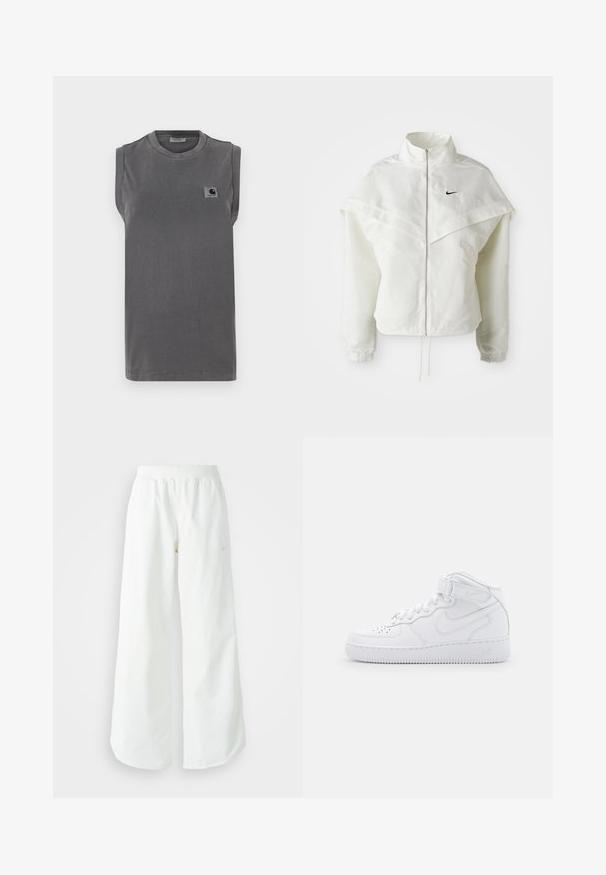 Vit långärmad zip-up jacka med hög krage, kap-liknande detalj över axlarna, elastiska ärmslut och liten svart Nike-logga på bröstet.; Grå ärmlös t-shirt i bomullsblandat tyg. Har rund halsringning och en liten logotypbricka på vänster bröst.; Vita vida atletiska byxor med breda ben och ribbad midja samt subtil logodetalj. Slät tyg med avslappnad passform och avsmalnande fåll.; Vita högskoor av läder med vadderad krage, perforerad tå, snörning och justerbar ankelrem; logotyp på sidan.
