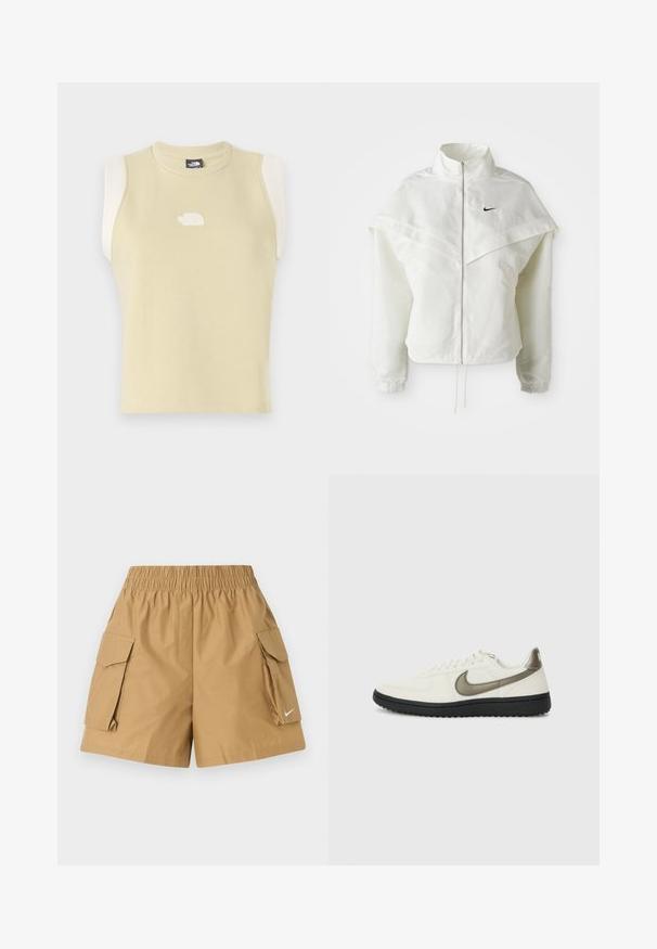 Biała, długozapinana kurtka na zamek z wysokim kołnierzem, z pelerynowym detalem na ramionach, elastycznymi mankietami i małym czarnym logo Nike na piersi.; Bezrękawnik w pastelowym żółtym kolorze z bawełny, z zaokrąglonym dekoltem. Posiada kontrastowe kremowe panele na ramionach oraz teksturowane logo na klatce piersiowej.; Beżowe szorty cargo z elastycznym pasem, dwiema bocznymi kieszeniami i małym białym logo. Wykonane z lekkiego, teksturowanego materiału.; Nike Sportswear - Sneakersy niskie