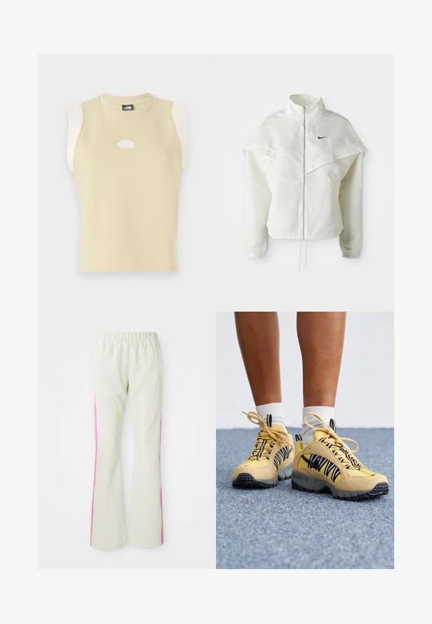 Fehér, hosszú ujjú, zipzáras dzseki magas gallérral, a vállakon lebegő, köpenyszerű résszel, rugalmas mandzsettákkal és kis fekete Nike logóval a mellkason.; Ujjatlan, pasztell sárga pamut felső, lekerekített nyakkal. Kontrasztos krém színű vállpanelekkel és texturált logóval a mellkasán.; Világos bézs színű nadrág, elasztikus derékrésszel, rózsaszín oldalsávokkal és oldalzsebekkel. Sima felület, egyenes lábdesign.; Sárga velúr és hálós sportcipő fekete és fehér csíkos részletekkel, texturált talppal és fűzős kivitelben. Fehér zoknik látszanak a boka fölött.