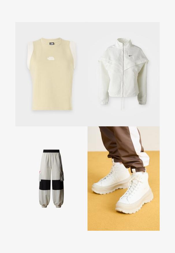 Valge pikkade varrukatega tõmblukuga jakk kõrge kraega, kätetooted, mis meenutavad katet õlgadel, elastsete mansettidega ja väikese musta Nike logoga rinnal.; Vähemalt varrukatega heledakollane puuvillane särk, millel on ümar kaelus. Omab kontrastsete kreemjate õlavarrepaneelide ja tekstuurse logoga rinnal.; The North Face HIMALAYAN - Kargopüksid - white dune tnf black; Valged kõrged tossud koos raske, tekstureeritud tallaga, sujuva ülaosa, ümmarguse varbaga ja tonaalsete nööpidega, kollase tausta ees.