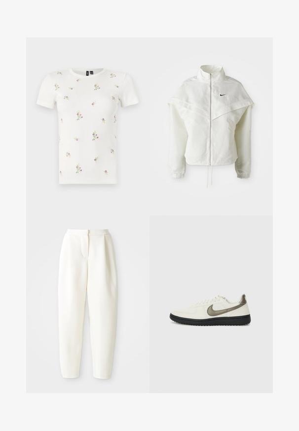 Witte lange mouwen zip-up jas met hoge kraag, cape-achtige details over de schouders, elastische manchetten en een klein zwart Nike-logo op de borst.; Korte mouwen witte geribbelde t-shirt met een bloemenborduursel in roze en groen. Klassieke ronde hals, getailleerde pasvorm.; Hoog-waisted witte tapered broek met een verborgen sluiting aan de voorkant en zijzakken, weergegeven tegen een effen witte achtergrond.; Nike Sportswear FIELD GENERAL - Sneakers laag - off-white/black