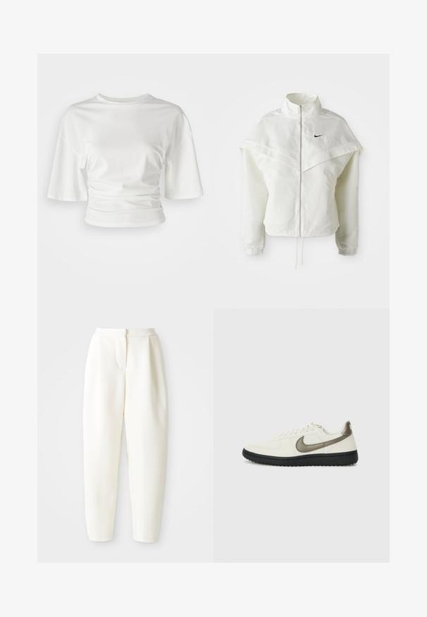 Bjela jakna dugih rukava s patentnim zatvaračem i visokim ovratnikom, s kapastim detaljima preko ramena, elastičnim manžetama i malim crnim Nike logom na prsima.; Bijela kratka majica s kratkim rukavima, okruglog izreza, s naboranim stranama, izrađena od mekanog materijala s glatkom teksturom i lagano širokim krojem.; Bijele hlače visokog struka sužene kroja s skrivenim prednjim kopčanjem i bočnim džepovima, prikazane na jednostavnoj bijeloj pozadini.; Nike Sportswear FIELD GENERAL - Tenisice - off-white/black