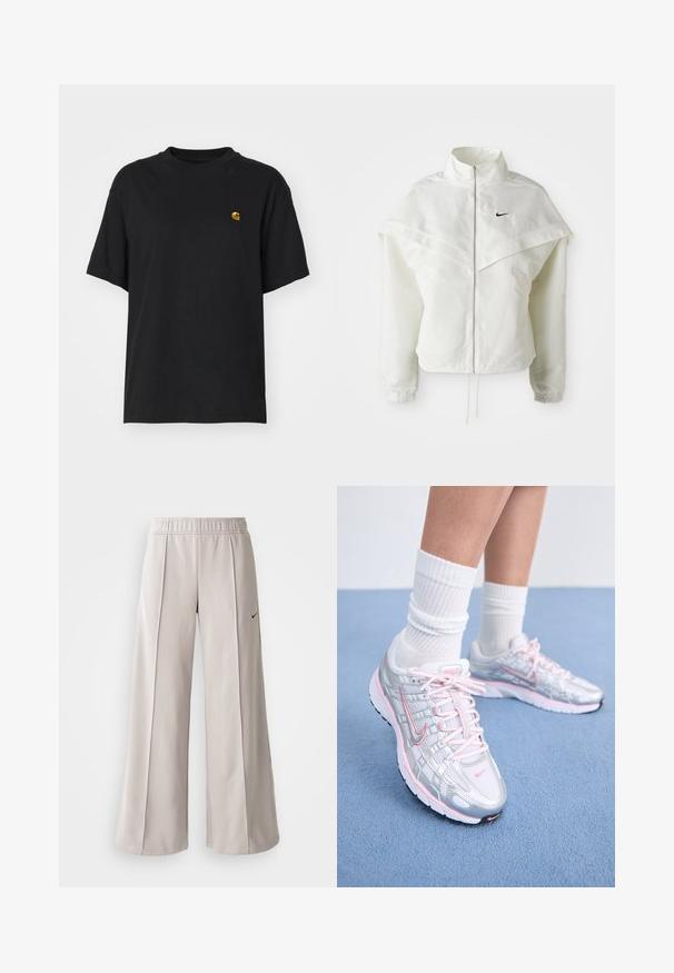 White long-sleeve zip-up jacket with high collar, cape-like detail across shoulders, elastic cuffs, and small black Nike logo on chest.; Black cotton t-shirt with a relaxed fit. Features a round neck and short sleeves. Includes a small gold embroidered logo on the chest.; Light gray wide-leg pants made of smooth fabric. Features an elastic waistband and black Nike logo on the left side.; Nike running shoes featuring a silver mesh upper with pink accents, white laces, and a textured sole. Worn with white cotton athletic socks.