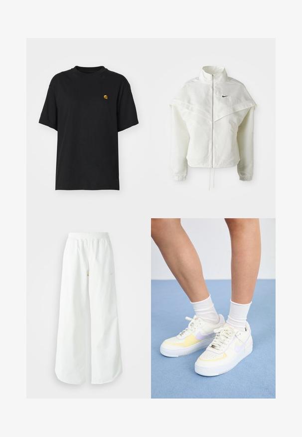 Biela bunda s dlhým rukávom na zips a vysokým golierom, s plášťovým detailom cez plecia, elastickými manžetami a malým čiernym logom Nike na hrudi.; Čierne bavlnené tričko s voľným strihom. Má okrúhly výstrih a krátke rukávy. Obsahuje malé zlaté vyšívané logo na hrudi.; Biele široké športové nohavice s ribbovaným pásom a jemným logom. Hladká tkanina s uvoľneným strihom a zúženým lemom.; Biele kožené tenisky s žltými a levanduľovými akcentmi, okrúhle špičky, ploché šnúrky a textúrovaná gumová podrážka. Nosené s bielymi ponožkami.