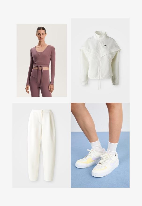 Bela jakna z dolgimi rokavi in zadrgo, visokim ovratnikom, plaščastim detajlom čez ramena, elastičnimi manšetami in majhnim črnim logotipom Nike na prsih.; Ženski zgoraj v prahu vijolični barvi, z dolgimi rokavi in trakom v pasu, v kombinaciji z visokim pasom ujemajočimi leginami.; Bela visoko pasovana tapered hlače z zadrgo na sprednji strani in stranskimi žepi, prikazane na enotnem belem ozadju.; Bele usnjene superge z rumenimi in sivimi poudarki, okrogla noska, ravne vezalke in teksturiran gumen podplat. Nosi se z belimi nogavicami.