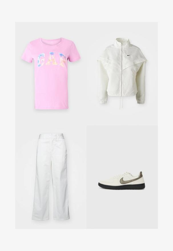 Balta garās piedurknes ar rāvējslēdzēju jaka ar augstu apkakli, apmetņa līdzīga detaļa uz pleciem, elastīgas aproces un mazs melns Nike logotips uz krūtīm.; Rozā kokvilnas T-krekls ar "GAP" logo zilu un oranžu gradientu, palmu koka dizains, īsām piedurknēm un apaļu kakla izgriezumu.; Balti platie kājas bikses no kokvilnas, ar gludu tekstūru, taisnu piegriezumu, priekšējām kabatām un tīru apakšmalu.; Nike Sportswear FIELD GENERAL - Treniņu apavi - off-white/black