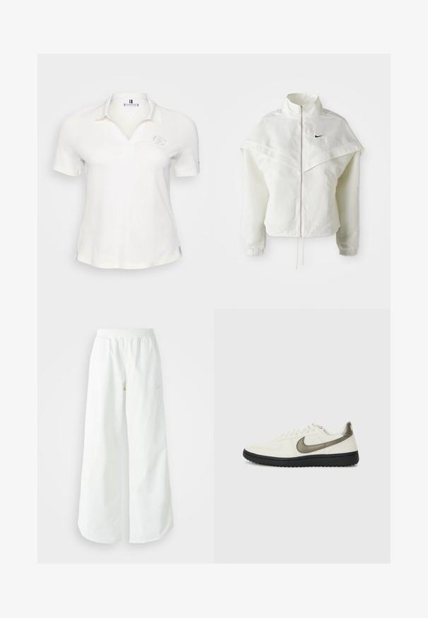 Witte lange mouwen zip-up jas met hoge kraag, cape-achtige details over de schouders, elastische manchetten en een klein zwart Nike-logo op de borst.; Witte polo met korte mouwen en een kraag, met subtiele geborduurde logo's en zijslits voor gemakkelijke bewegingsvrijheid. Glad textuur en lichtgewicht materiaal.; Witte atletische broek met wijde pijpen, een geribde tailleband en subtiele logodetails. Soepele stof met een relaxte pasvorm en taps toelopende zoom.; Nike Sportswear FIELD GENERAL - Sneakers laag - off-white/black