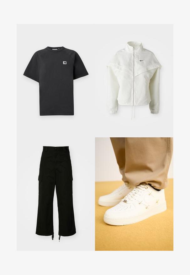 Giacca bianca a maniche lunghe con zip e colletto alto, dettaglio a mantella sulle spalle, polsini elasticizzati e piccolo logo Nike nero sul petto.; T-shirt in cotone nero con scollo girocollo, maniche corte e un'etichetta logo rettangolare sul lato sinistro del petto.; Pantaloni cargo neri realizzati in cotone, con gamba larga, tasche laterali e orli con cordino. Il design include una chiusura con bottone in vita.; Sneakers bianchi in pelle con punta perforata, dettagli dorati e lacci piatti, abbinati a pantaloni beige su una superficie gialla texturizzata.