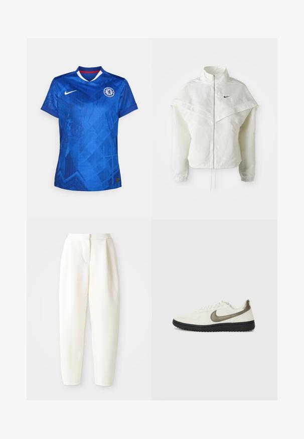 Weiße langärmlige Zip-Jacke mit hohem Kragen, cape-artigem Detail über den Schultern, elastischen Bündchen und kleinem schwarzen Nike-Logo auf der Brust.; Blaues Nike-Fußballtrikot mit geometrischem Muster, einem V-Ausschnitt mit roten Akzenten und einem auf der Brust aufgestickten Chelsea FC-Logo.; Hochtaillierte, tapered weiße Hose mit verdecktem Frontverschluss und seitlichen Taschen, auf einem schlichten weißen Hintergrund präsentiert.; Nike Sportswear FIELD GENERAL - Sneaker low - off-white/black