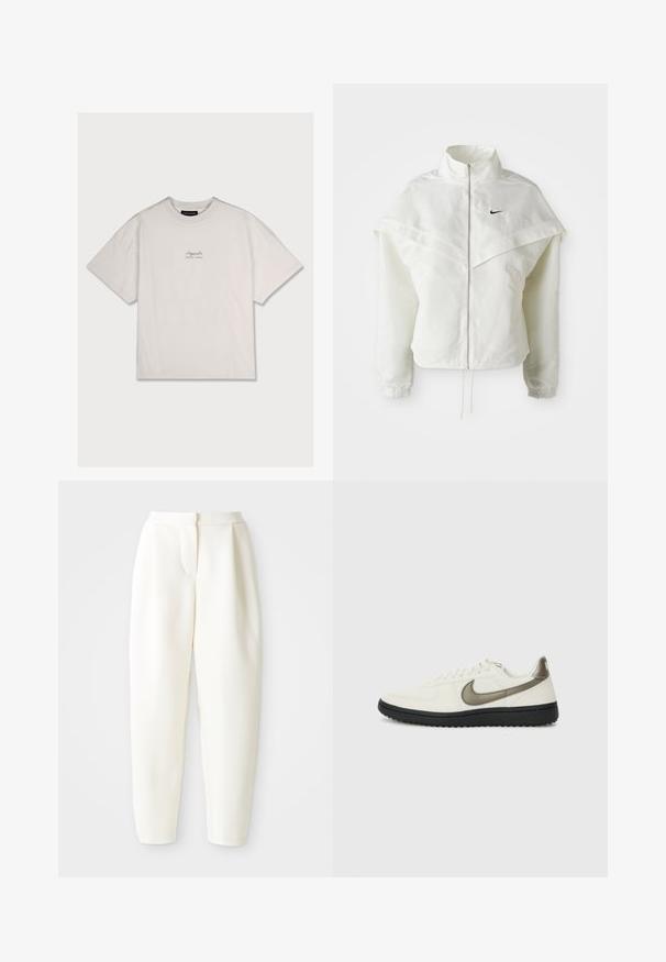 Vit långärmad zip-up jacka med hög krage, kap-liknande detalj över axlarna, elastiska ärmslut och liten svart Nike-logga på bröstet.; Vitt bomullströja med avslappnad passform, korta ärmar och en liten logotyp tryckt på övre vänstra bröstet. Mjuk textur, rundad hals.; Höga, avsmalnande vita byxor med dolda framknäppningar och sidofickor, uppvisade mot en enfärgad vit bakgrund.; Nike Sportswear FIELD GENERAL - Sneakers - off-white/black