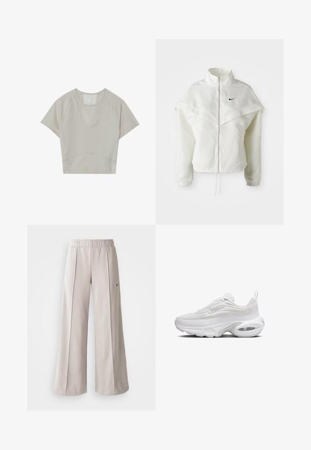 Biela bunda s dlhým rukávom na zips a vysokým golierom, s plášťovým detailom cez plecia, elastickými manžetami a malým čiernym logom Nike na hrudi.; Béžový atletický crop top s krátkymi rukávmi, okrúhlym výstrihom a detailnou švíkovou úpravou. Vyrobený z ľahkej, elastickej tkaniny pre maximálne pohodlie.; Svetlo šedé nohavice s širokým strihom vyrobené z hladkej tkaniny. Obsahujú elastický pás a čierne logo Nike na ľavej strane.; Biele tenisky s vlnitým horným dizajnom, textúrovanou látkou, polstrovanou podrážkou a viditeľnou vzduchovou jednotkou. Obsahujú šnurovanie a pútko.