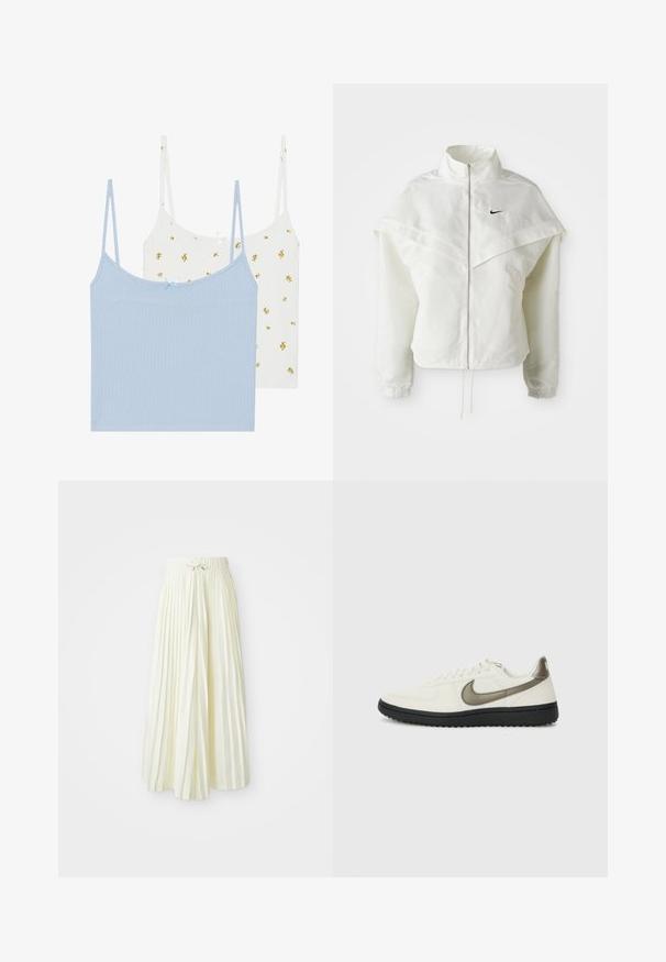 Fehér, hosszú ujjú, zipzáras dzseki magas gallérral, a vállakon lebegő, köpenyszerű résszel, rugalmas mandzsettákkal és kis fekete Nike logóval a mellkason.; Két camisole, az egyik világoskék, a másik fehér sárga virágmintával. Mindkettő bordás anyagból készült, és vékony, állítható pántokkal rendelkezik.; Redőzött midi szoknya világos sárga szövetből, rugalmas derékkal és megkötővel, sima textúrával és függőleges csíkokkal a részletek kiemelésére.; Nike Sportswear FIELD GENERAL - Sportcipő - off-white/black