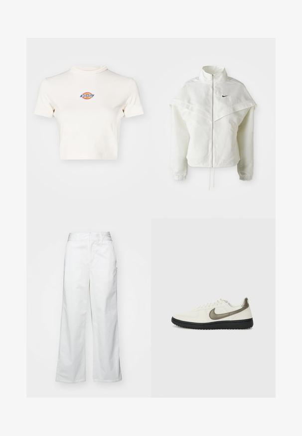 White long-sleeve zip-up jacket with high collar, cape-like detail across shoulders, elastic cuffs, and small black Nike logo on chest.; Cream-colored cropped t-shirt with a high neckline, short sleeves, and a circular logo featuring "Dickies" in blue, red, and yellow.; White wide-leg trousers made from cotton, featuring a smooth texture, straight fit, front pockets, and a clean hem.; Nike Sportswear FIELD GENERAL - Trainers - off-white/black