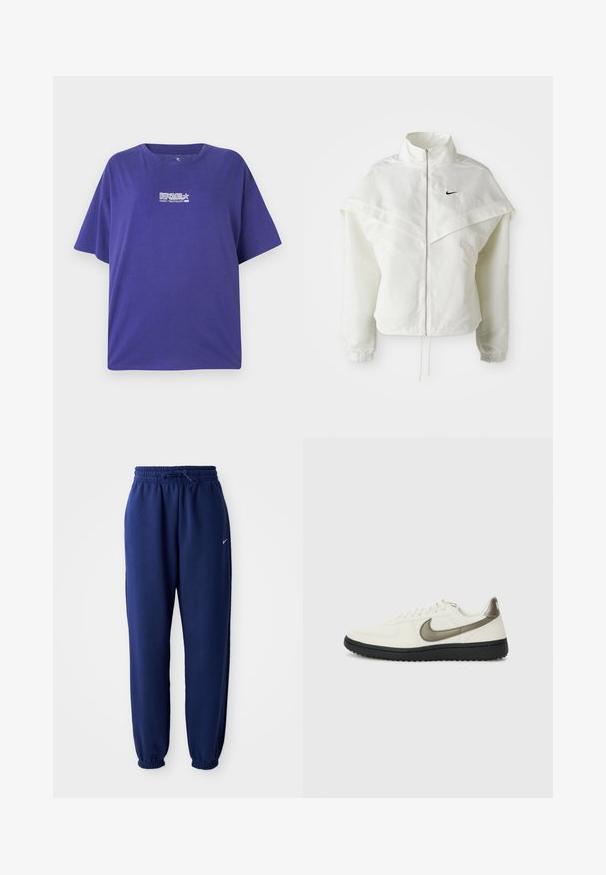 White long-sleeve zip-up jacket with high collar, cape-like detail across shoulders, elastic cuffs, and small black Nike logo on chest.; Purple oversized t-shirt made of cotton. Features short sleeves and a crew neck. Front has a white logo with “RIP CURL” and “OCEAN TECHNOLOGY 1989.”; Navy blue sweatpants made of soft fabric, featuring an elastic waistband with drawstring, elastic cuffs, and a small white logo.; Nike Sportswear FIELD GENERAL - Trainers - off-white/black