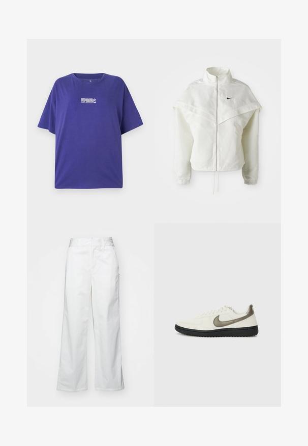 White long-sleeve zip-up jacket with high collar, cape-like detail across shoulders, elastic cuffs, and small black Nike logo on chest.; Purple oversized t-shirt made of cotton. Features short sleeves and a crew neck. Front has a white logo with “RIP CURL” and “OCEAN TECHNOLOGY 1989.”; White wide-leg trousers made from cotton, featuring a smooth texture, straight fit, front pockets, and a clean hem.; Nike Sportswear FIELD GENERAL - Trainers - off-white/black