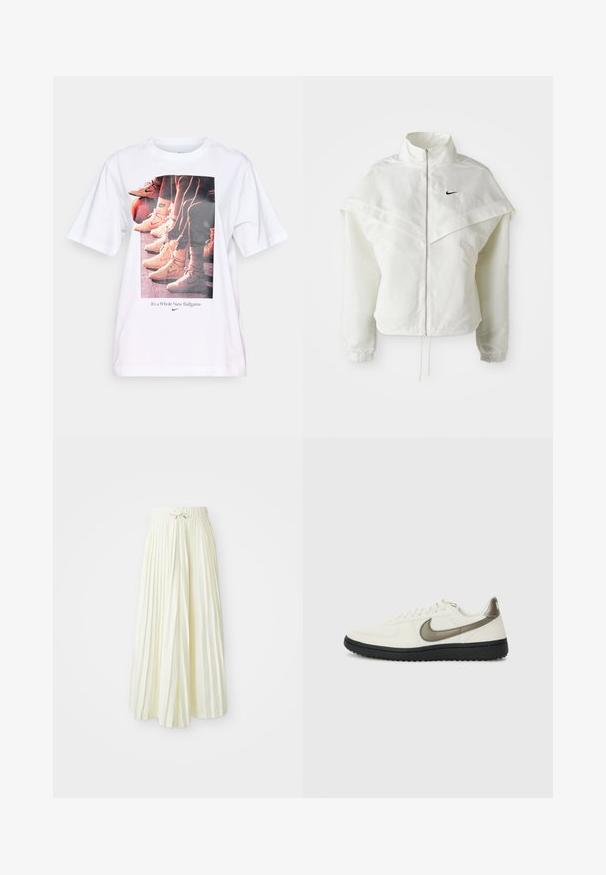 Hvit langermet jakke med glidelås og høy krage, kappe-lignende detaljer over skuldrene, elastiske mansjetter, og liten svart Nike-logo på brystet.; Hvit T-skjorte med grafisk trykk av basketballsko og teksten "It's a Whole New Ballgame" i blått, rund hals, korte ermer.; Plisse midi-skjørt i lys gul stoff, med elastisk midjebånd med knyting, glatt tekstur og vertikale striper for ekstra detaljer.; Nike Sportswear FIELD GENERAL - Joggesko - off-white/black