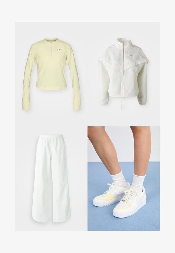 White long-sleeve zip-up jacket with high collar, cape-like detail across shoulders, elastic cuffs, and small black Nike logo on chest.; Nike Performance RUN - Long sleeved top - life lime; White wide-leg athletic pants with a ribbed waistband and subtle logo detail. Smooth fabric with a relaxed fit and tapered hem.; White leather sneakers with yellow and lavender accents, round toe, flat laces, and textured rubber sole. Worn with white socks.