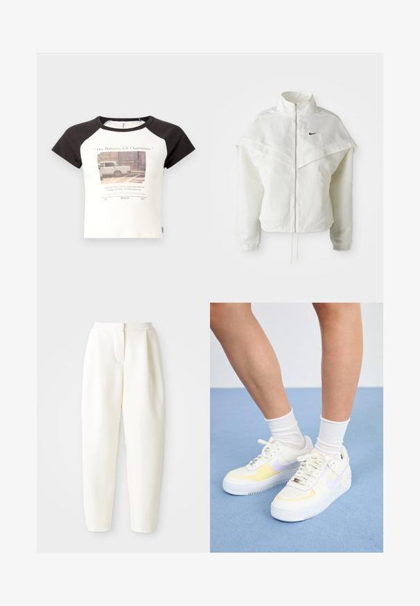 Balta ilga rankovė zip-up striukė su aukštu apykakle, švarkelio tipo detalėmis ant pečių, elastingomis rankovėmis ir mažuoju juodu Nike logotipu ant krūtinės.; Trumpa rankovėmis marškinėliai su balta kūno dalimi ir juodais raglan apykaklėmis. Priekyje yra atspausdinta grafika ir tekstas. Pagaminta iš medvilnės mišinio.; Baltos aukšto liemens siaurėjantys keliai su paslėptu priekinio uždarymo mechanizmu ir šoninėmis kišenėmis, pristatyti prieš paprastą baltą foną.; Baltos odinės sportbačiai su geltonais ir levandų akcentais, apvaliu pirštu, plokščiomis raišteliais ir tekstūruota guma. Dėvimi su baltais kojinėmis.