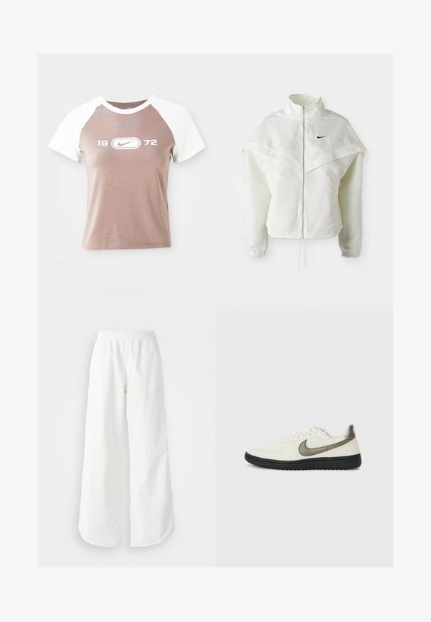 Balta garās piedurknes ar rāvējslēdzēju jaka ar augstu apkakli, apmetņa līdzīga detaļa uz pleciem, elastīgas aproces un mazs melns Nike logotips uz krūtīm.; Īsām piedurknēm T-krekls ar gaiši brūnu korpusu un baltajām rāvējslēdzēja piedurknēm, ar lielu balto grafisko logotipu un gadu "1972" centrā priekšpusē.; Baltas, platais sporta bikses ar ribotu jostasvītru un smalku logotipa detaļu. Gluda auduma ar brīvu piegriezumu un sašaurinātu apakšdaļu.; Nike Sportswear FIELD GENERAL - Treniņu apavi - off-white/black