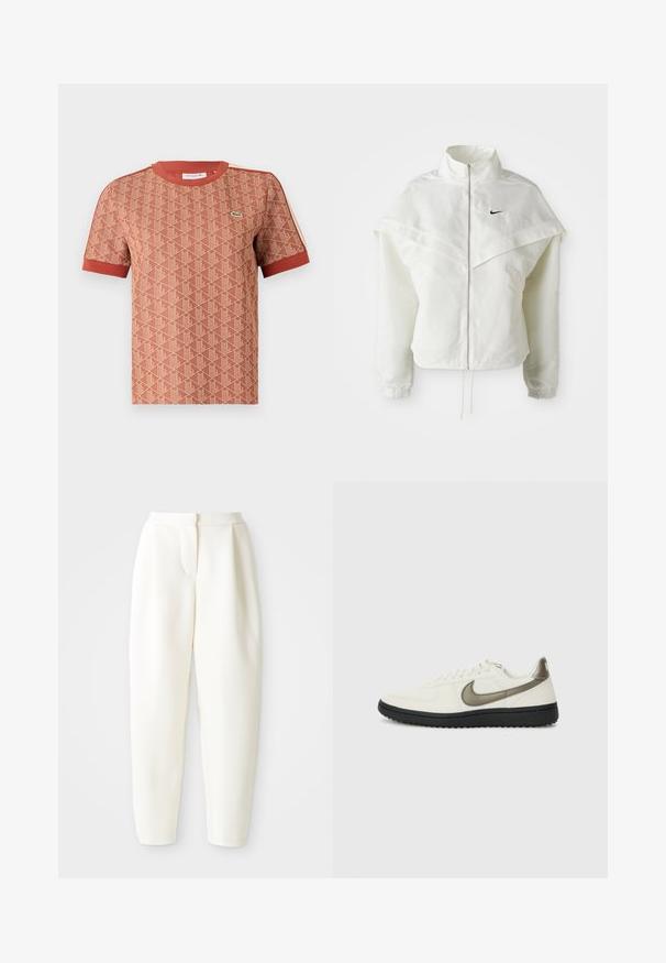 Balta garās piedurknes ar rāvējslēdzēju jaka ar augstu apkakli, apmetņa līdzīga detaļa uz pleciem, elastīgas aproces un mazs melns Nike logotips uz krūtīm.; Īsām piedurknēm t-krekls terakotas krāsā ar teksturētu ģeometrisku rakstu, ribināta apkakle un kontrastējoši sarkani akcenti uz piedurknēm.; Augstas jostas līnijas, sašaurināti balti bikses ar slēptu priekšējo aizdari un sānu kabatām, attēloti uz vienkrāsaina balta fona.; Nike Sportswear FIELD GENERAL - Treniņu apavi - off-white/black