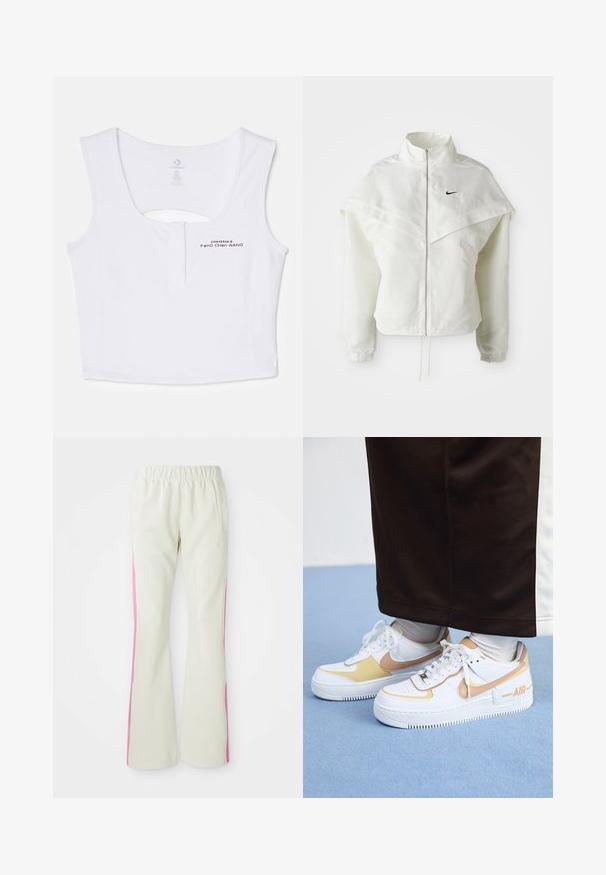 Witte lange mouwen zip-up jas met hoge kraag, cape-achtige details over de schouders, elastische manchetten en een klein zwart Nike-logo op de borst.; Witte crop top van katoenmix materiaal. Heeft een sleuf uitgesneden aan de achterkant en zwarte bedrukte logo-details aan de voorkant.; Lichtbeige broek met een elastische tailleband, voorzien van roze zijpanelen en zijzakken. Gladde textuur met een recht gesneden pasvorm.; Witte leren sneakers met gouden accenten, voorzien van een geperforeerde neus, platte veters en een dikke rubberen zool met het "AIR"-logo aan de zijkant.