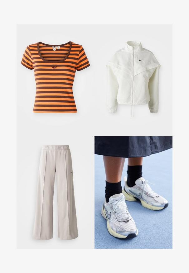 Balta ilga rankovė zip-up striukė su aukštu apykakle, švarkelio tipo detalėmis ant pečių, elastingomis rankovėmis ir mažuoju juodu Nike logotipu ant krūtinės.; Juostuota marškinė su oranžiniais ir rudi tonais, pagaminta iš raižyto audinio. Yra apvali kaklo iškirptė ir trumpomis rankovėmis, o krūtinėje yra širdies logotipas.; Šviesiai pilki plačių kojų kelnės, pagamintos iš lygaus audinio. Turi elastingą juosmenį ir juodą Nike logotipą kairėje pusėje.; Balti ir sidabriniai Nike sportbačiai su tinkline medžiaga, atspindinčiais akcentais ir smėlio spalvos padu. Dėvimi su juodomis kojinėmis, stovint ant mėlynos paviršiaus.