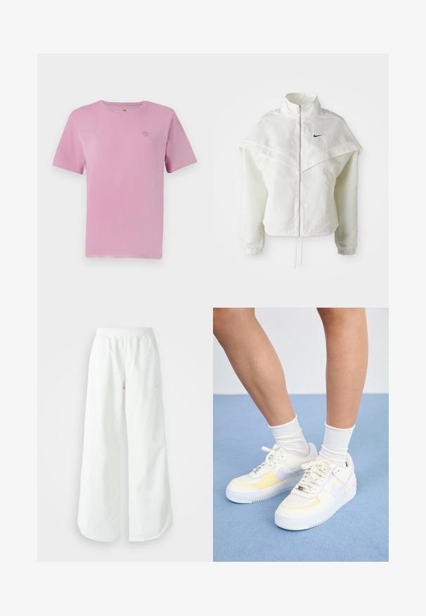 Chaqueta blanca de manga larga con cremallera y cuello alto, detalle tipo capa en los hombros, puños elásticos y pequeño logo negro de Nike en el pecho.; Camiseta de algodón rosa de manga corta con un pequeño logo bordado en el pecho. Textura suave y diseño clásico de cuello redondo.; Pantalones deportivos blancos de pierna ancha con una cinturilla acanalada y un sutil detalle de logo. Tela suave con un ajuste relajado y dobladillo ajustado.; Zapatillas de cuero blancas con acentos amarillos y lavanda, punta redonda, cordones planos y suela de goma texturizada. Llevadas con calcetines blancos.