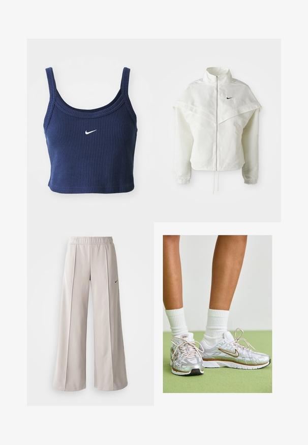 Vit långärmad zip-up jacka med hög krage, kap-liknande detalj över axlarna, elastiska ärmslut och liten svart Nike-logga på bröstet.; Mörkblå virkad crop-top i ribbat tyg med rund halsringning och smala axelband, med en liten vit Nike-logotyp på framsidan.; Ljusgrå vida byxor tillverkade av mjukt tyg. Har en elastisk midja och svart Nike-logotyp på vänster sida.; Silvriga sportskor med vita och guldiga detaljer, med en mesh-ovandel, gummisula och en reflekterande finish. Strumpor synliga ovanför ankeln.