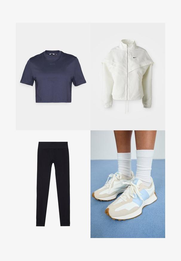 Vit långärmad zip-up jacka med hög krage, kap-liknande detalj över axlarna, elastiska ärmslut och liten svart Nike-logga på bröstet.; Marinblå, kortärmad t-shirt av slät tyg med rundad hals. Har texten "BORG" subtilt tryckt på framsidan.; Svarta leggings med en bred elastisk midja, tillverkade av sträckbart tyg, med en slät yta och åtsittande design. Inga mönster.; Lätta sneakers med en design i beige och ljusblått. Innehåller material av mocka och mesh, vita snören och en texturerad gummisula.